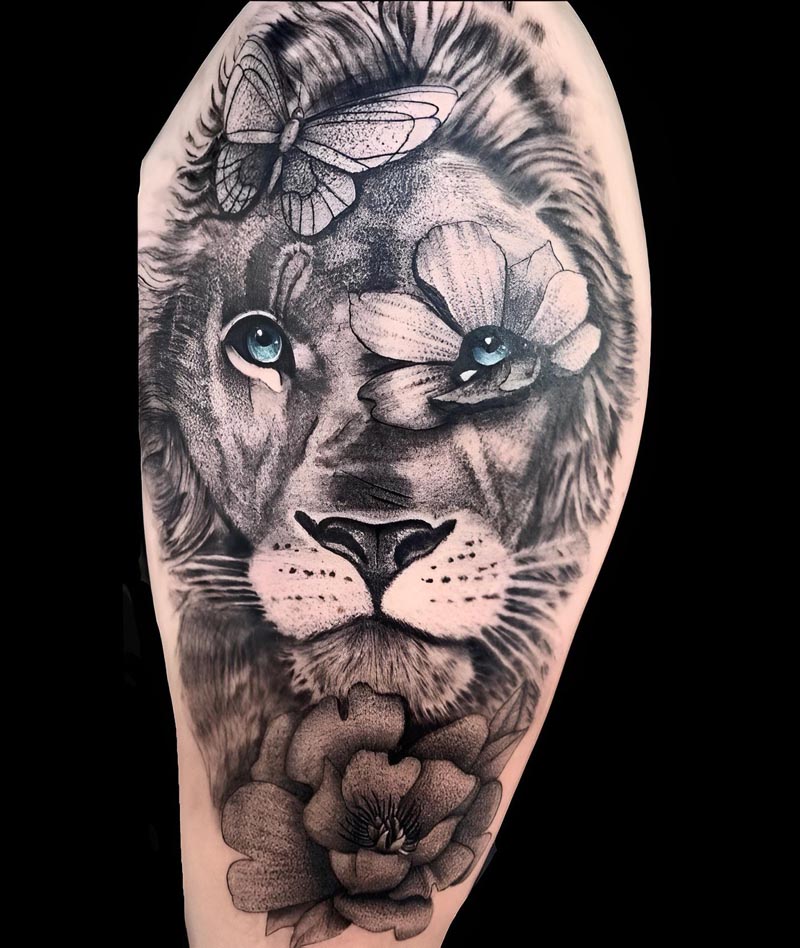 Flower, Black and Gray, Animal, Realism, Portrait tattoo by Charlie